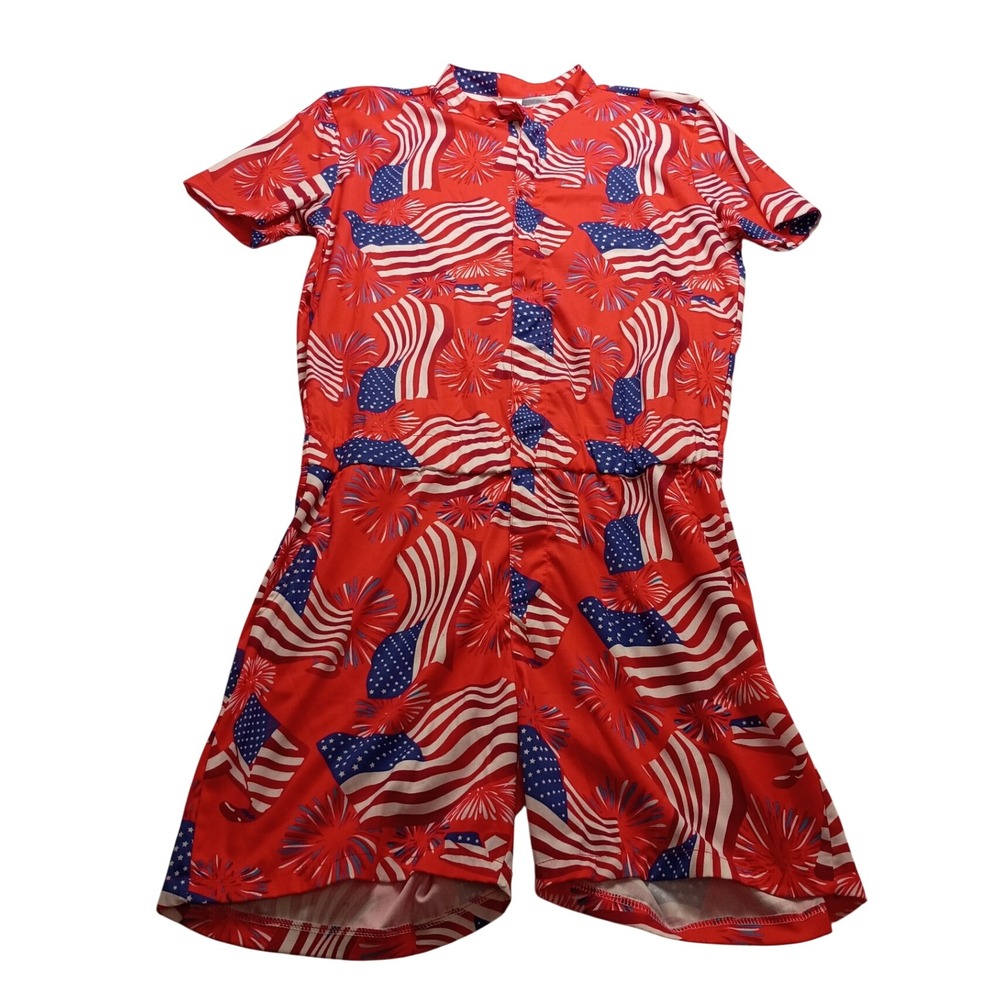 Patriotic American Flag Fireworks Jumpsuit Red White Blue Summer Size L NWOT